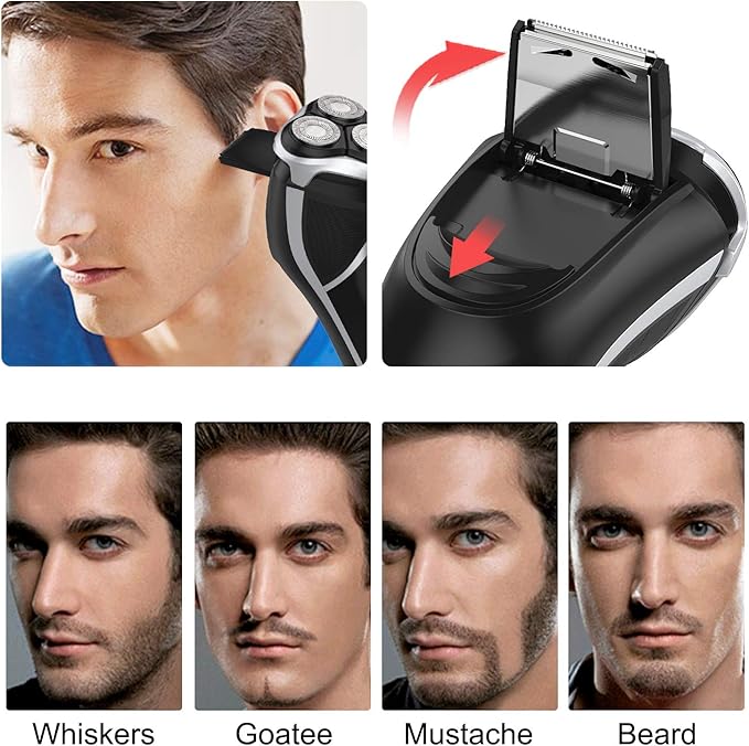 Men's Electric Shaver - MAX-T Corded and Cordless Rechargeable 3D Rotary Shaver Razor for Men with Pop-up Sideburn Trimmer Wet and Dry, IPX7 Waterproof, Plug & Play