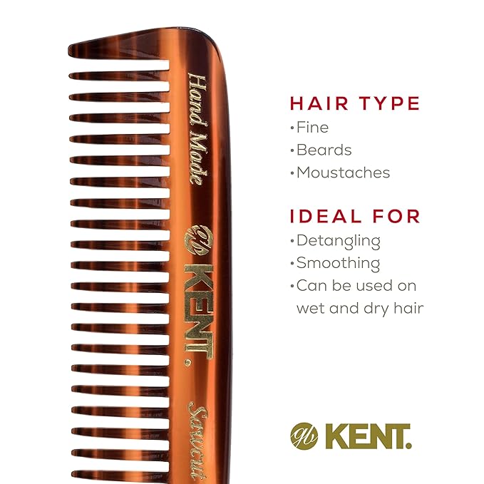 Kent 93T Wide Tooth Men's Comb, for Mustache and Beard ideal for Facial Hair, Small Pocket Sized Travel Detangler Comb, Saw-Cut Hand polished Made in England
