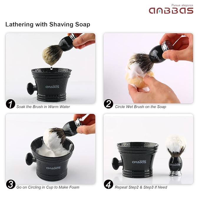 Anbbas Shaving Brush and Stand,Silvertip Badger Hair Brush Black Resin Alloy Handle with Stainless Steel Shaving Stand for Double Edge Safety Razor Straight Razor for Men