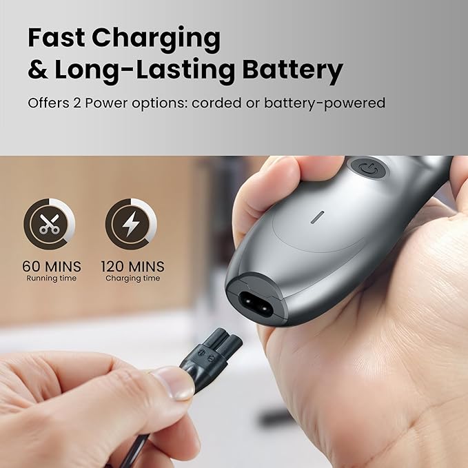 Hair Clippers for Men, Cordless Hair Clipper Kit, Adjustable 4 Length Setting, 2-Speed Settings, Replaceable Ceramic Blade Heads, Rechargeable Hair Clippers for Family (Grey)