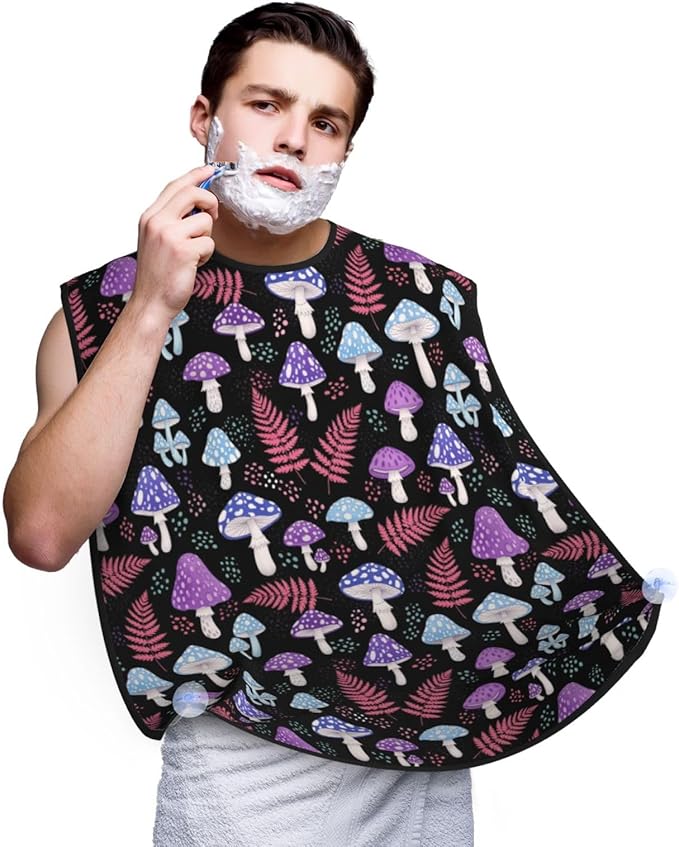 Ultimate Shaving Bib, Beard Trimming Apron with Hair Catcher, Trippy Purple Blue Mushrooms