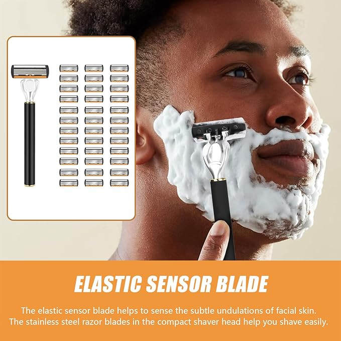 Men's Safety Razor with 24/36 Replacement Blades, Stainless Steel Double Layer Manual Shaving Razor, Long Handle Non-Slip Grip, Portable Travel Razor for Beards and Facial Hair (36)