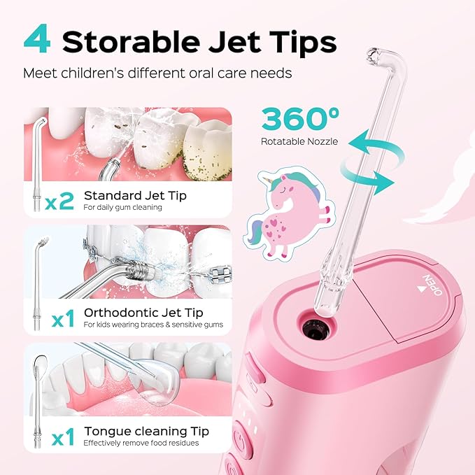 COSLUS Portable Water Flosser for Kids: 4 Gentle Modes for Ages 6+, Braces & Sensitive Teeth - with Fun DIY Stickers, 4 Storable Nozzles, Mini Compact for Home School & Travel Use, BPA-Free, Pink