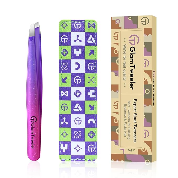 Expert Slant Tip Tweezers with Leather Travel Case, GlamTweeler Sharp & Precision Stainless Steel Tweezer for Eyebrows, Facial Hair and Fine Hairs Removal (Sparkle Deep Violet & Lavender)