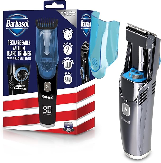 Barbasol Vacuum Beard Trimmer for Men, Self-Vacuuming Hair, Beard, Sideburns & Mustache Trimmer with 20 Length Settings, Rechargeable, LED Screen, 90 Minute Run Time