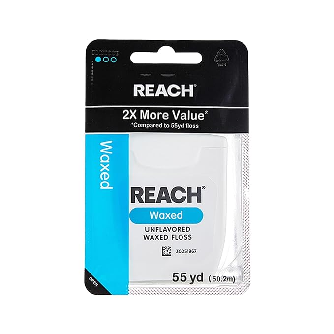 REACH Waxed Dental Floss,Unflavored, Plaque Remover for Teeth, Shred Resistant, Floss Slides Smoothly, Easy to Use, Waxed, Deep Cleaning Teeth, Oral Care, PFAS Free, for Adults & Kids, 1 Pack, 55 yd