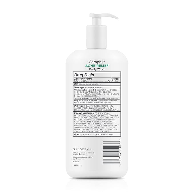 Cetaphil Body Wash, Acne Relief Body Wash with 2% Salicylic Acid to Eliminate Breakouts, Gently Exfoliates and Provides 24Hr Dryness Relief, 20 oz