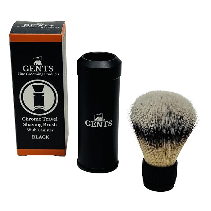 GENTS Travel Shaving Brush with Collapsible Canister – Synthetic Bristles, Compact Portable Wet Shaving Brush for Men, Chrome-Style Travel Grooming Brush for Home, Gym & Hotel Use (Black, 6 Inches)