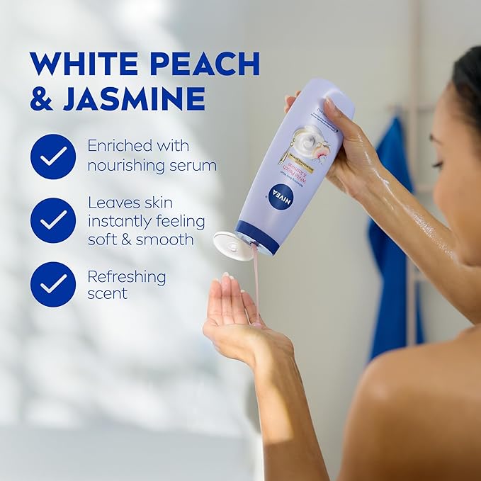 NIVEA Refreshing White Peach and Jasmine Body Wash with Nourishing Serum,Scented Body Wash for Women,Enriched with Provitamin B5 and Vitamin E,20 Fl Oz Bottle,(Pack of 2)