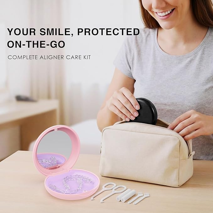 2 Pack Retainer Case with Mirror, Magnetic Aligner Case Compatible with Invisalign, Portable Slim Orthodontic Storage Kit for Clear Aligners - Pink