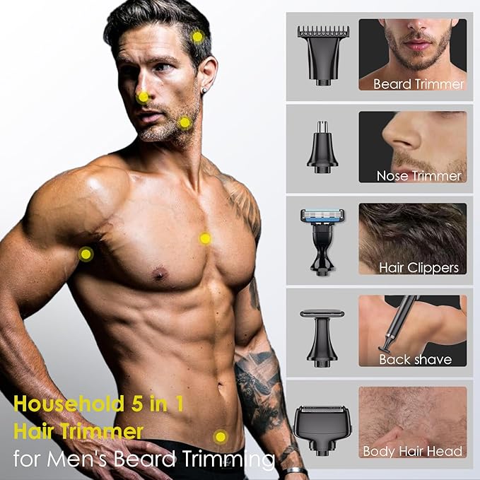 Back Shaver for Men, 5-in-1 Electric Back Hair Removal Razor with Adjustable Extension Handle, Body Hair Trimmer Grooming Kit for Wet or Dry Shaving,Rechargeable,Waterproof (Black)