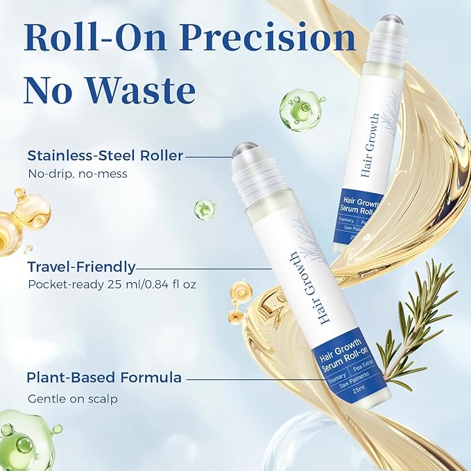 Hair Growth Serum Roll On with Rosemary，Helps Support Thicker, Fuller Hair Appearance，Clean, Non-Greasy Hair Loss Support for Men & Women，Saw Palmetto，0.84 Fl Oz (Pack of 2)