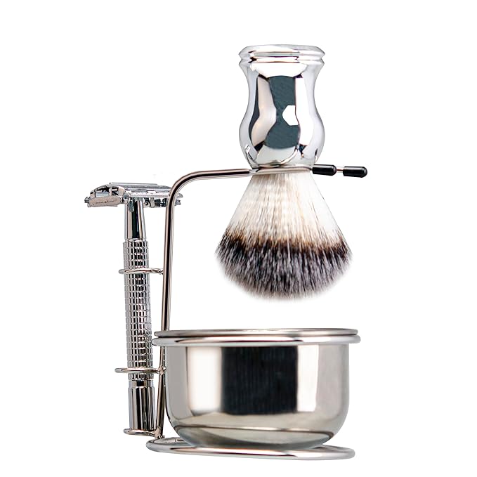 Grandslam Shaving Brush and Bowl Kit for Men, 4 in 1 Shaving Brush Set, Include Butterfly Open Safety Razor, Stainless Steel Shaving Soap Bowl and Stand, Shaving Brush, 10 Double Edge Blades