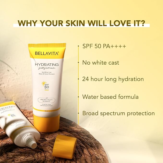 B.e.l.l.a Vita Water based Hydrating Unisex Sunscreen | SPF 50, Lightweight PA+++ | For All Skin Types, No White Cast, Non - Greasy Finish, UV Protection | For Men & Women 50ml.