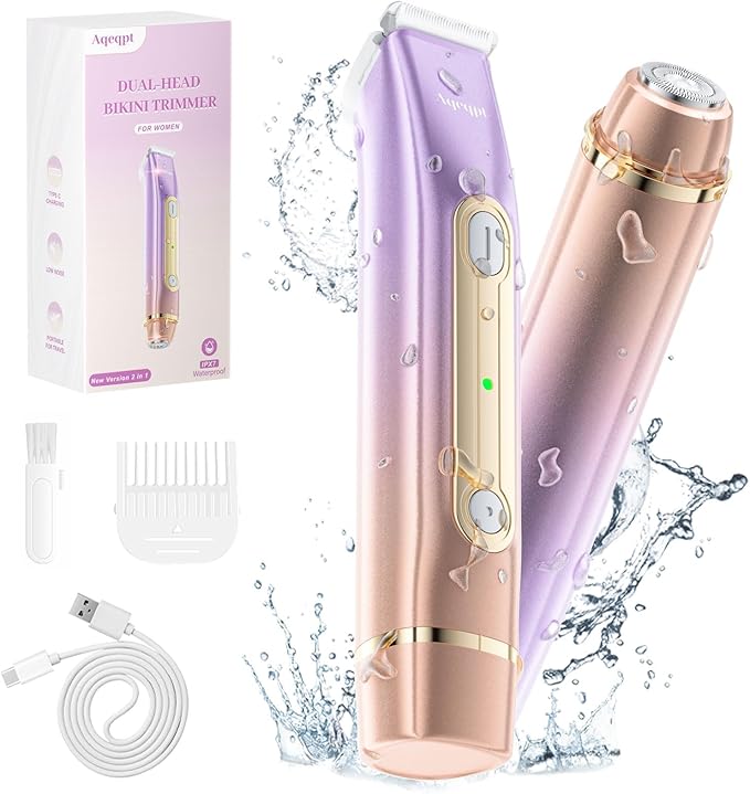 Bikini Trimmer for Women, Electric Razors with Dual Heads, Rechargeable Pubic Hair Trimmer with IPX7 Waterproof, Painless Pro Shaver for Underarm Leg Arm Body Face Private Area（RoyalRose）
