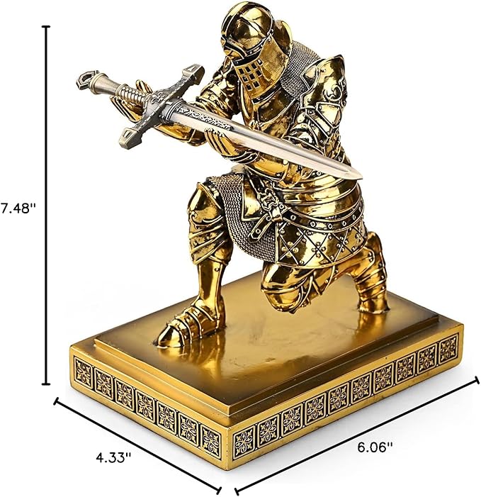 King's Guard Knight Pen Holder Pen Stand Desk Organizers and Accessories Resin Pencil Holder as Gift with a Metal Sword Letter Opener for Office and Home (Bronze(Plating))