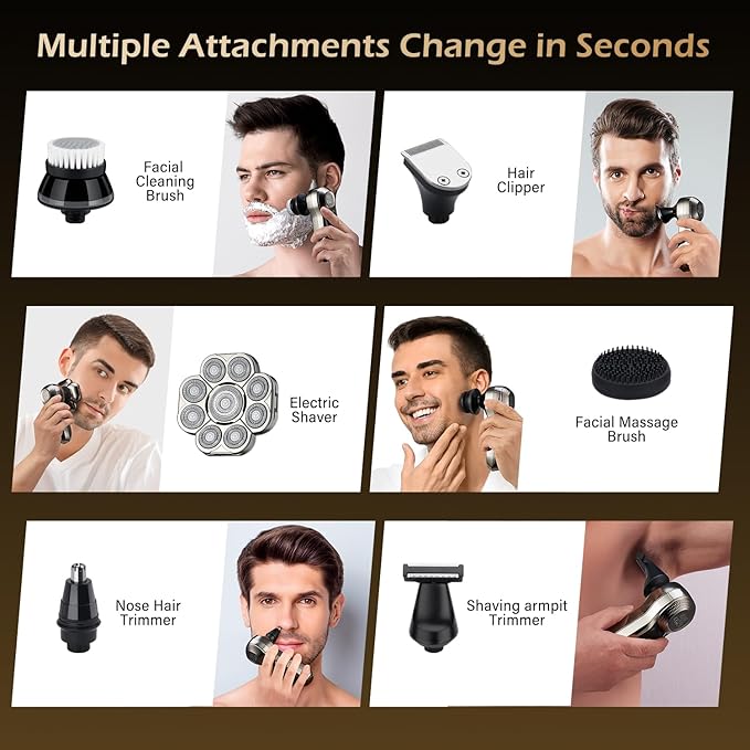 9 Floating Heads Detachable Head Shavers,6 in 1 Electric Razor IPX6 Waterproof for Bald Men, Wet Dry Mens Grooming Kit,LED Display Rechargeable 9D Rotary Shaver Grooming Kit with Type-C Charge