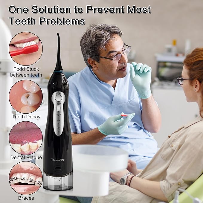 TOVENDOR Electric Water Dental Flosser Teeth Pick, Cordless Flossers Oral Irrigator IPX7 Waterproof 300ML Rechargeable Travel Water Teeth Cleaner with 5 Tips for Home Braces Care Gums Deep Cleaning