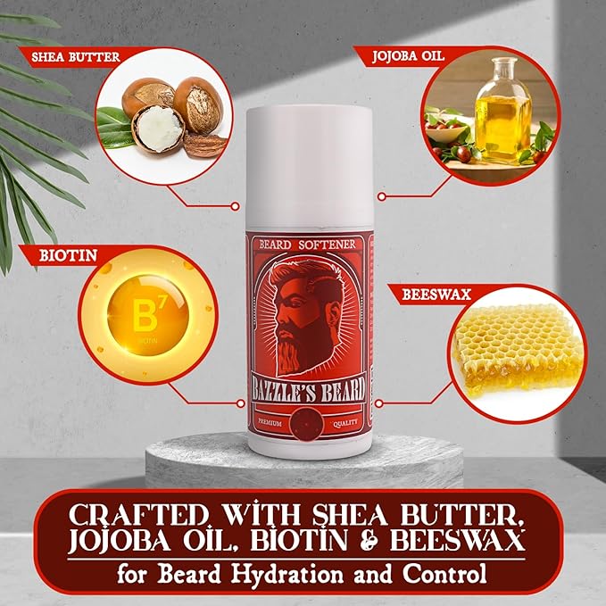 Bazzle's Beard Softener – Beard Balm Conditioner for Men with Biotin, Softens Coarse Hair, Deeply Moisturizes Facial Hair, Conditions Skin, and Adds Natural Shine, Products for Mustache Care