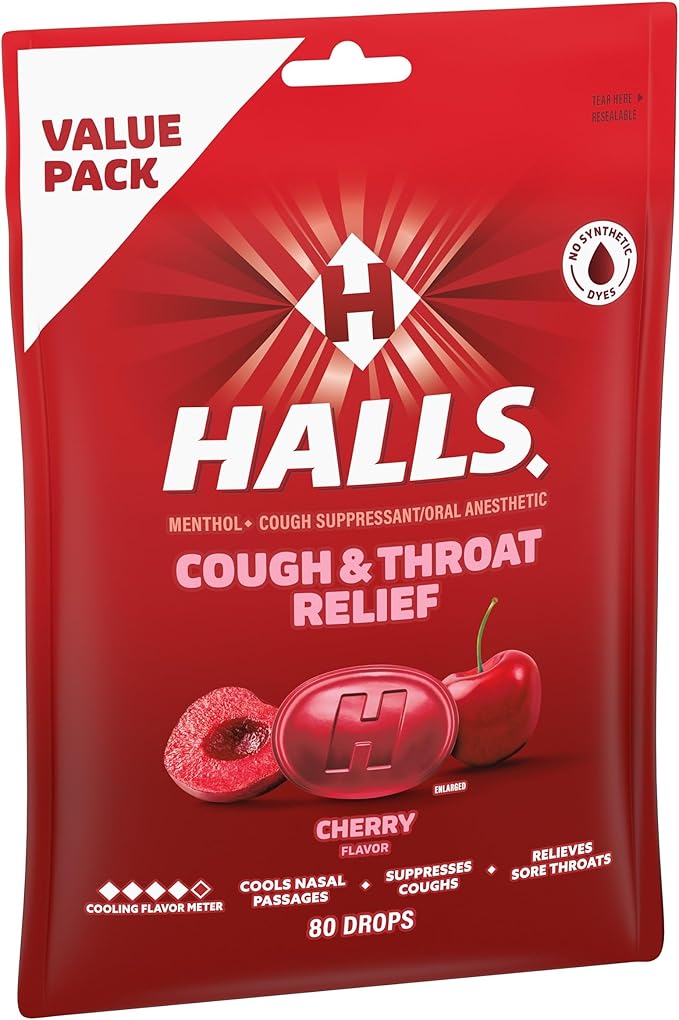 HALLS Cough and Throat Relief Cherry Cough Drops, Value Pack, 80 Drops