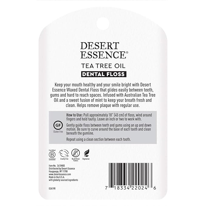 Desert Essence Tea Tree Oil Dental Floss - 50 Yards - Naturally Waxed w/ Beeswax - Thick Flossing No Shred Tape - On The Go - Removes Food Debris Buildup - Cruelty-Free Antiseptic