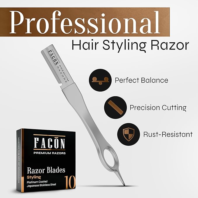 Facón Beard Razor for Men - Professional Beard Shaping Tool Grooming Kit with 11 Replacement Blades, Mustache Shaper, Edger & Lineup, Premium Precision Straight Edge Razor 100% Stainless Steel Blade