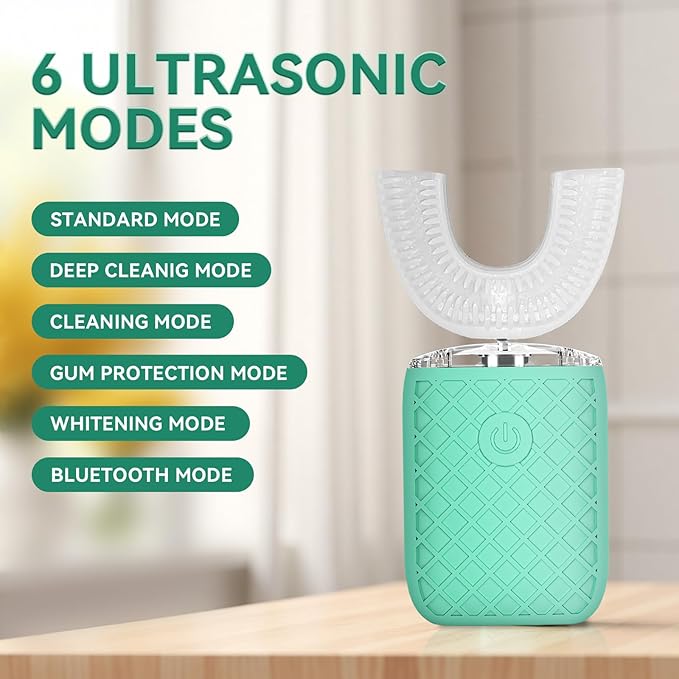 Adult Sonic Automatic Electric Toothbrush, 360° Oral Cleaning Stain Whitening, IPX7 Waterproof Rechargeable, u-Shape Brush Head*3+Straight Handle Brush Head*2 (Green-Cup)
