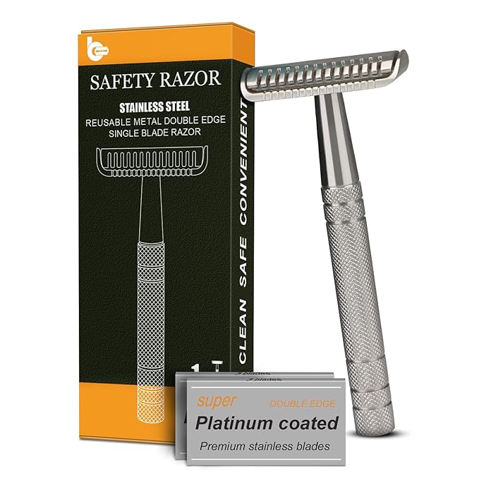 Stainless Steel Safety Razor, Single Blade Razors for Men, with 10 Double Edge Blades, Long and Heavy Duty Handle, Smooth Close Gentle Shave, Silver