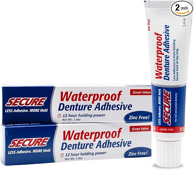 Secure Denture Adhesive Cream for Uppers, Lowers & Partials – Waterproof Seal & Zinc Free – Food Grade Ingredients – Less Adhesive, More Hold – Tube Lasts Up to 8 Weeks – 1.4 oz (2 Pack)