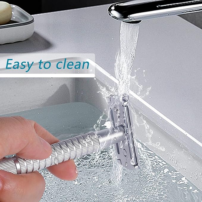 Men's and Women's Manual Razor Safety Razor with 10 Double Edge Blades, Double Edge Razor, Reusable Razor Kit, Eco-Friendly, Smooth Close Shave, Plastic-Free (Silver + base)