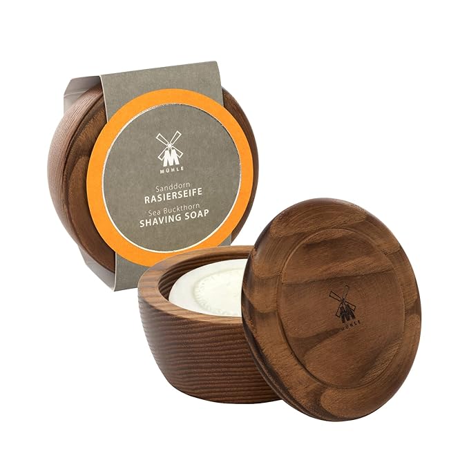 MÜHLE Wooden Bowl with Shaving Soap | Sea Buckthorn | 65 Grams | Shave Soap for Men | Steamed Ash Shaving Bowl | Rich & Light Soap Formula | Nurturing Shave Soap Lather