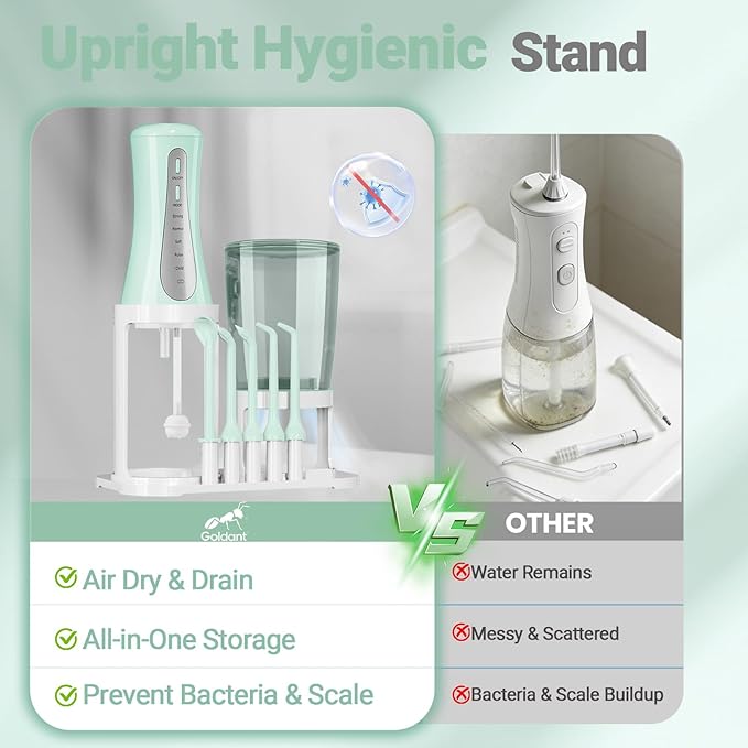 2026 New 350ML Water Flosser with Drainage & Storage Stand, Keeps Dry & Clean, 5 Modes, 360°Nozzle, Cordless Rechargeable, IPX7 Waterproof, Portable for Home & Travel (Green)