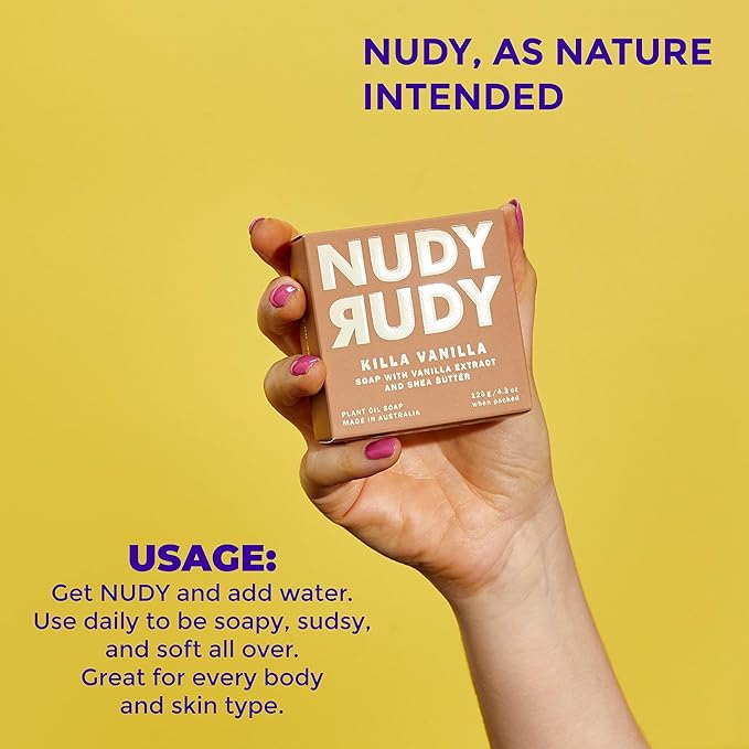 Nudy Rudy Killa Vanilla Soap Bar Puck, Made with Organic Shea Butter and Real Vanilla, Triple Milled Bar, No Harsh Ingredients, All Skin Types, 4.2 oz, Made in Australia