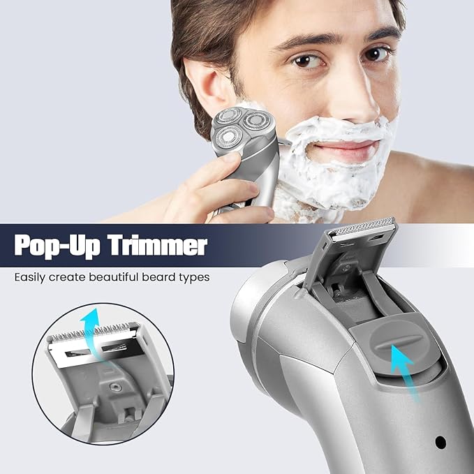 Sakioo Men's Electric Shaver, 3-Blade Rotary 4D Floating Head, IPX7 Waterproof Wet Dry Shaving, Type-C Rechargeable, LED Display Cordless Portable Travel Razor, Ideal Gift for Men