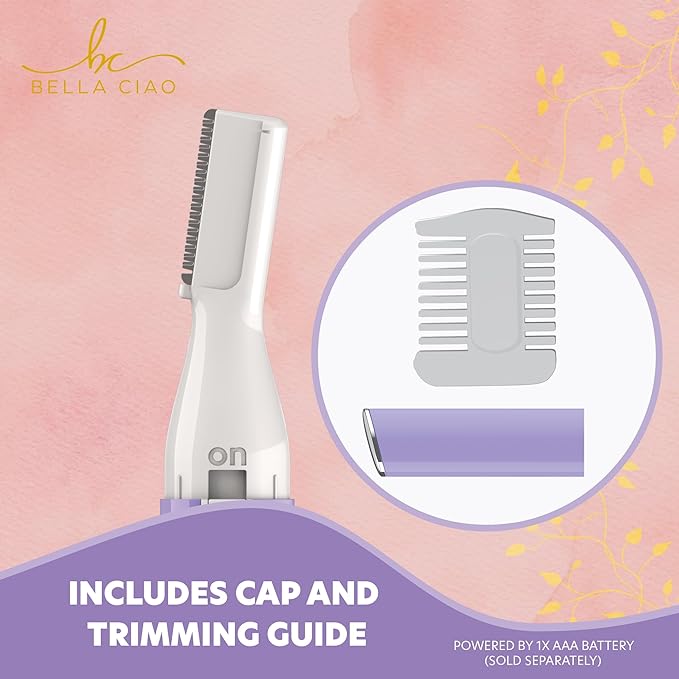 Bella Ciao Eyebrow and Bikini Trimmer for Women, Gentle Electric Facial-Hair Removal Device with Dual-Sided Trimming Guide and Protective Cap, Portable Precision Facial-Hair Trimmer, Battery Operated