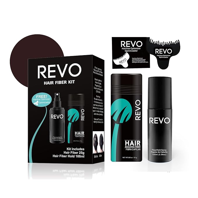 REVO Hair Building Fibers Kit for Thinning Hair (25g) with Fiberhold Spray (100ml) – 3-Pc Professional Set, Natural Plant-Based Hair Thickener & Concealer for Men & Women - DARK BROWN