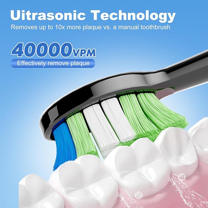 JTF Sonic Electric Toothbrush for Adults: 5 Modes with Smart Timer for Deep Cleaning & Whitening, 2 Brush Head Types for Sensitive Teeth, Gums & Braces, Travel-Friendly Case and Wireless Charging Base