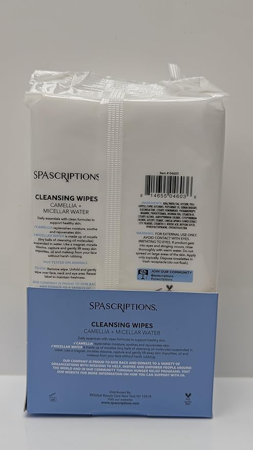 SpaScriptions Micellar Water Cleansing Facial Wipes - Fragrance Free & Gentle Makeup Remover Wipes With Camellia For Anti Aging & Hydrated Skin, Daily Use Face Wipes For Sensitive Skin, 1-Pack (60ct)