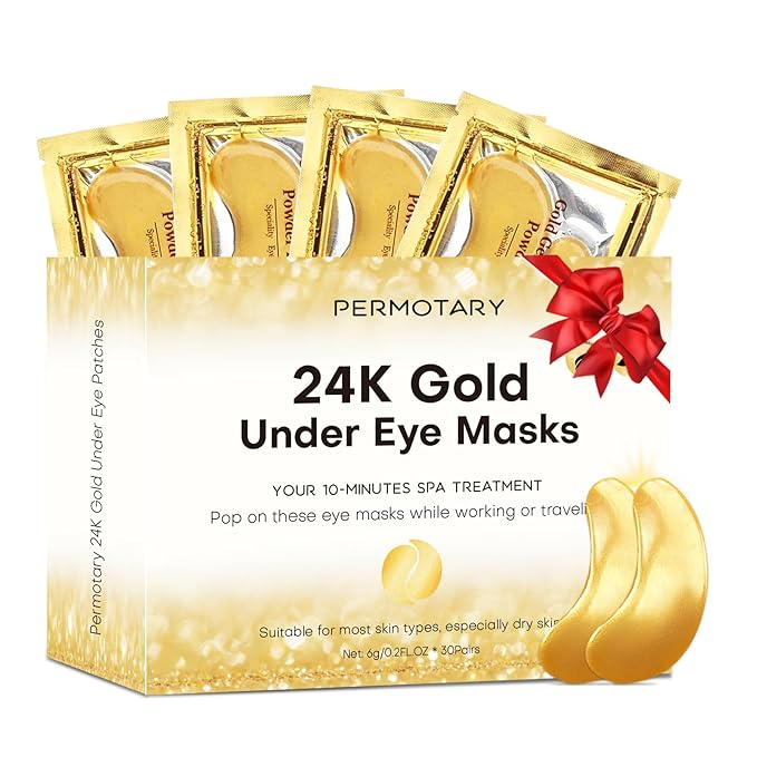 Permotary 30 Pairs Gel Crystal Collagen Under Eye Patches, 24K Gold Eye Mask for Moisturizing Skin, Lighten Dark Circles, Reduce Wrinkles & Puffiness,Valentines Day Gifts
