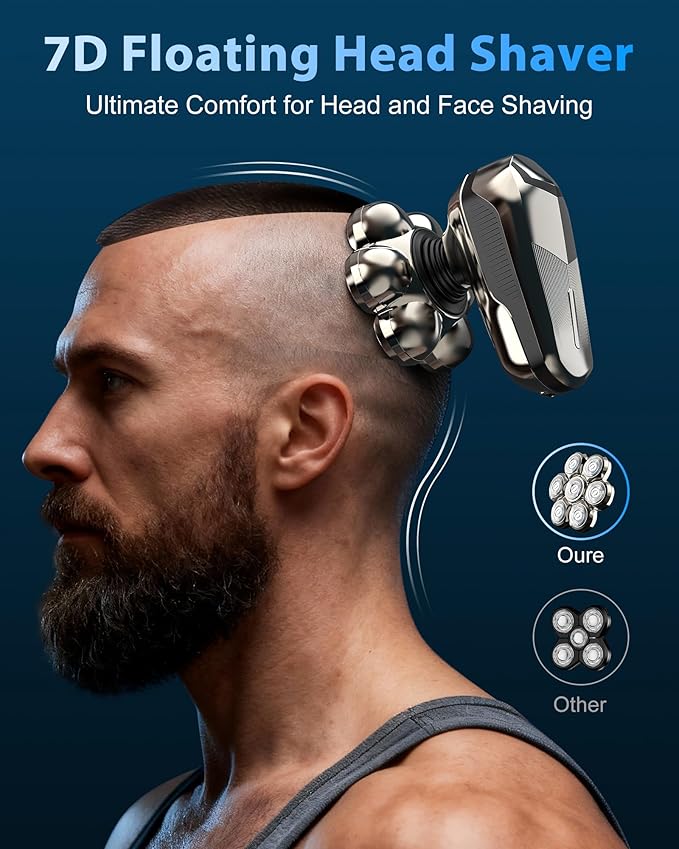 Head Shaver for Bald Men, 5-in-1 Electric Razor with 7D Floating & 2-Speed Modes, IPX7 Waterproof, LED Smart Display and & Type-C Fast Charging, Professional Grooming Kit for Men Head, Face Beard