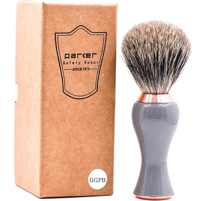 Parker 3-Band Pure Badger Shave Brush with Stand - Extra Dense Bristles - Deluxe Gray and Rose Gold Handle -Shaving Brush for Men & Women