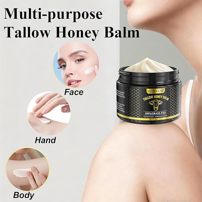 MediVuse Tallow and Honey Balm - 100% Grass-Fed Beef Tallow for Skin with Organic - Deeply Moisturizing Beef Tallow for Face Body - Natural Formula Care for Dry & Sensitive Skin(5.3 OZ), Raw Honey