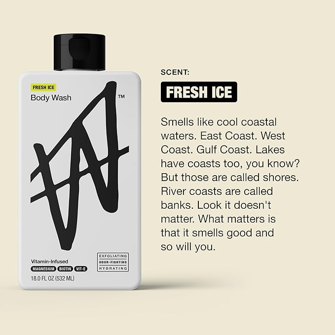 W By Jake Paul Exfoliating Body Wash for Men, Vitamin-Infused, Hydrating Shower Gel, Fresh Ice, 18 fl oz (Pack of 2)