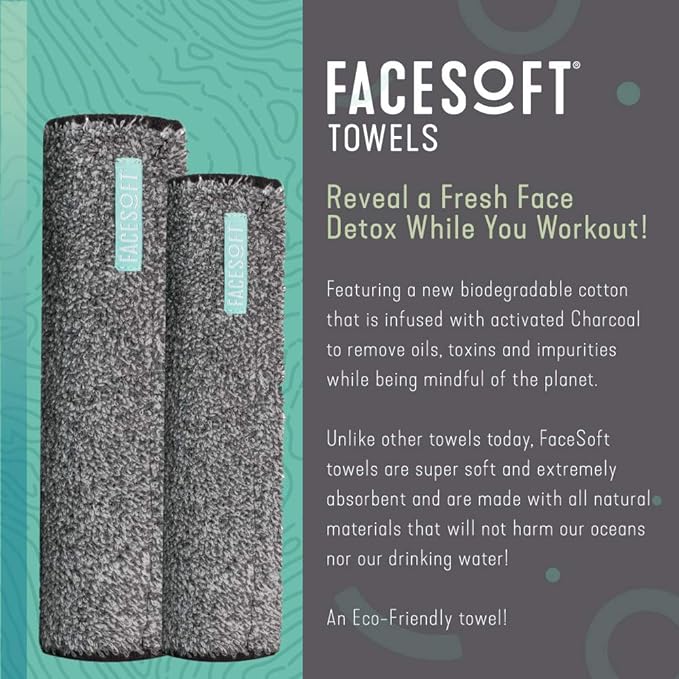 FACESOFT Mini and Nano Detox Sweat Charcoal Towel Multipack - Infused with Activated Charcoal - Pulls Oils and Toxins from Skin - Absorbent Cotton Exercise Towel - No Synthetic Microfibers - 2 Pc