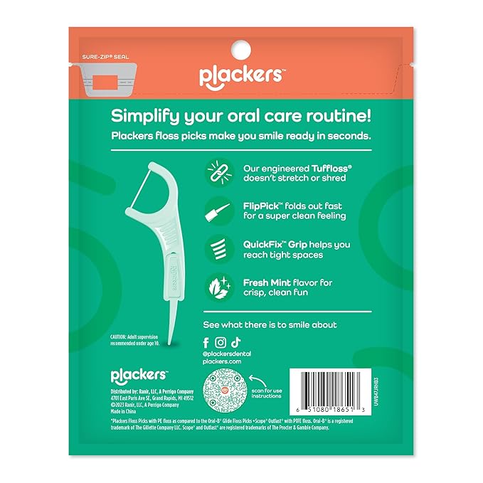 Plackers Micro Line Dental Floss Picks, Fold-Out FlipPick, Tuffloss, Easy Storage with Sure-Zip Seal, Fresh Mint Flavor, 150 Count