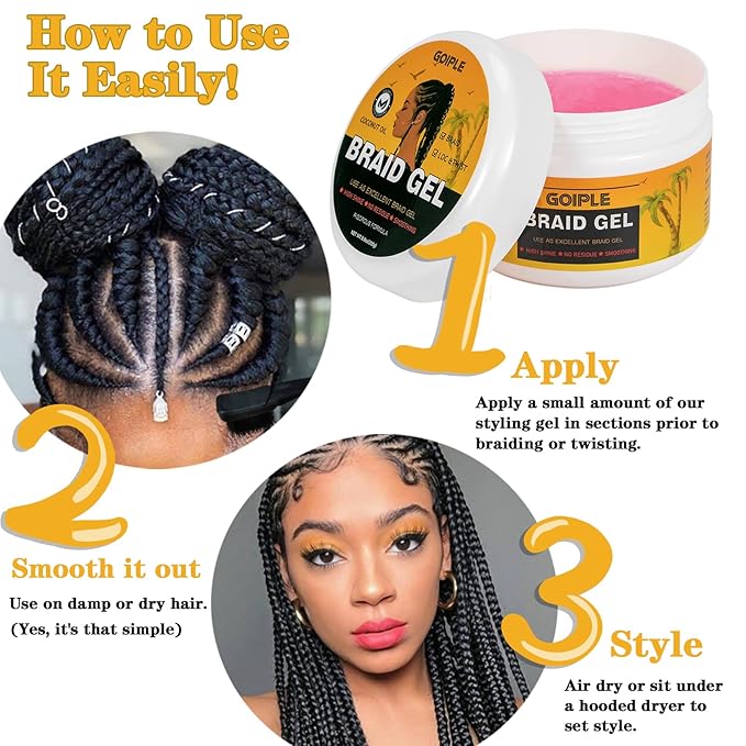 Goiple Strong Hold Braid Gel Good for Twist, Locs, Braids, Edge No Flake Extra Hold High Shine Braiding Gel & Edge Control 8.8oz with Hair Combs