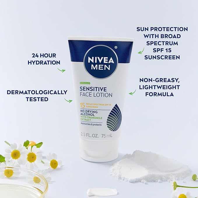 NIVEA MEN Sensitive Face Lotion with SPF 15,Broad Spectrum Sunscreen of 2.5 Fl Oz Tubes,(Pack of 6)