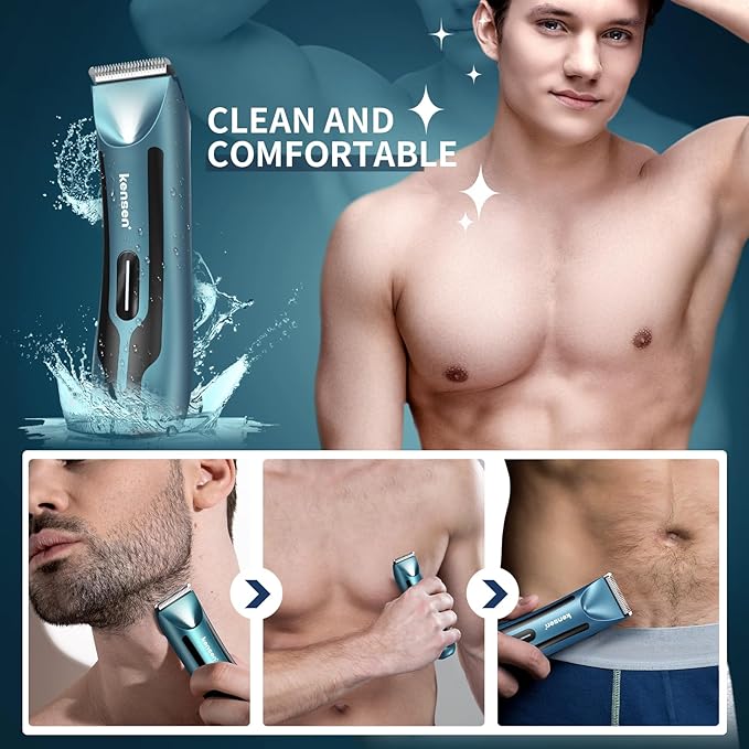 kensen Body Hair Trimmer for Men - Manscape Groin & Pubic Hair Trimmer for Men, Christmas Gift Mens Body Shaver with LED Light Travel Case IPX7 Waterproof Wet Dry Use Rechargeable Ball Shavers (Blue)