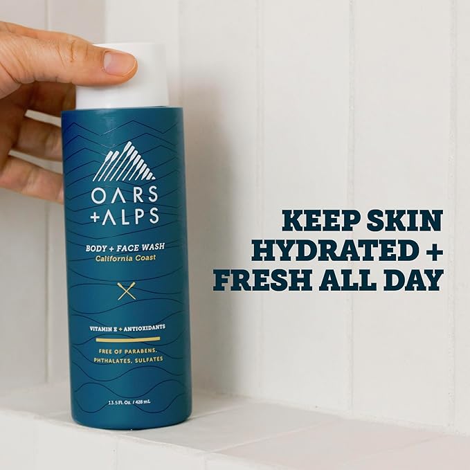 Oars + Alps Body Wash for Men, Mens Body Wash with Vitamin E and Antioxidants, Moisturizing, Hydrating, Paraben & Sulfate Free Cleanser, California Coast, 2pk