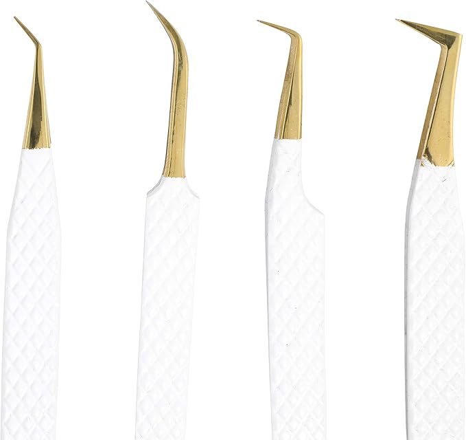 M LASH Tweezers for Eyelash Extensions (Set of 4) - Professional Lash Extension Tweezers - Fiber Tip, Japanese Steel, Diamond Grip Eyelash Extension Tweezer set (White)